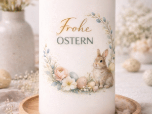 Osterkerze "Frohe Ostern, Hase, Blumenkranz"