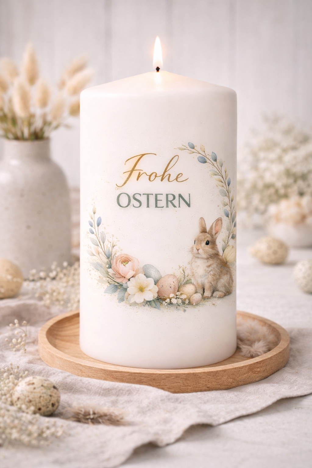 Osterkerze "Frohe Ostern, Hase, Blumenkranz"